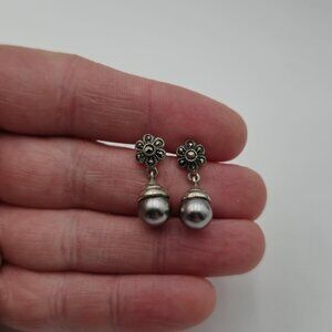 Sterling Silver Faux Pearl And Marcasite's Dangle Earrings A3697